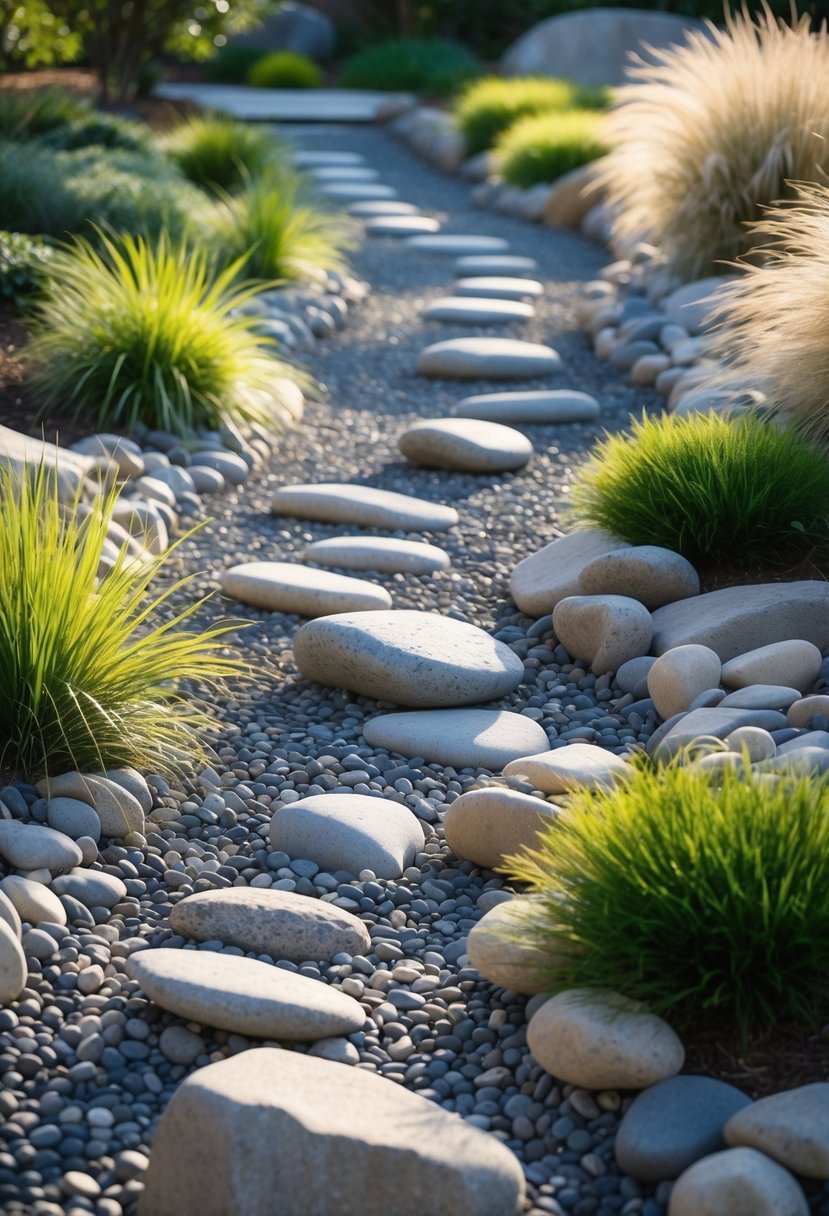 A dry creek bed with smooth river rocks winding through green plants and shrubs in a garden.