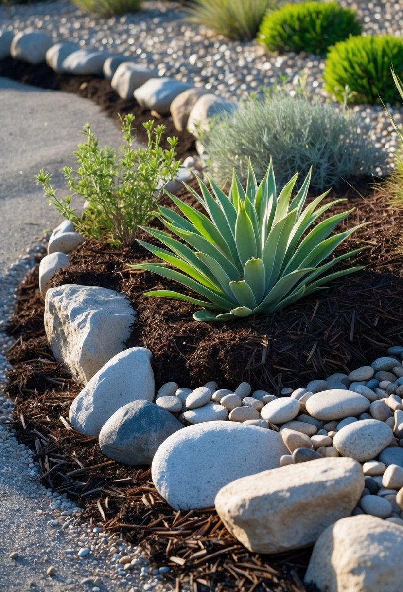 A dry creek bed with rocks and green plants surrounded by dark mulch.
