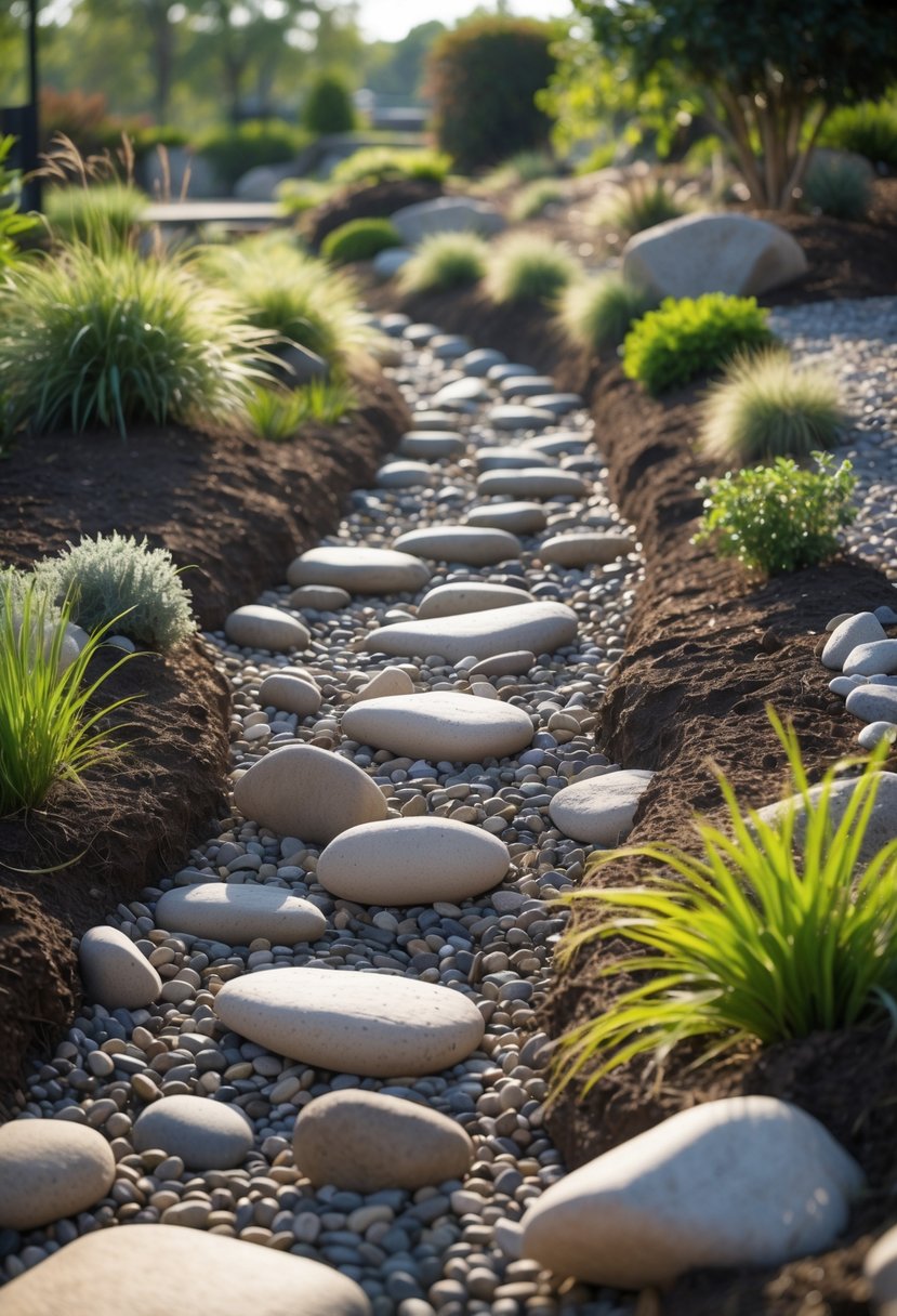 A natural dry creek bed with rocks and plants in a garden setting, showing a landscaped area designed for managing water runoff.