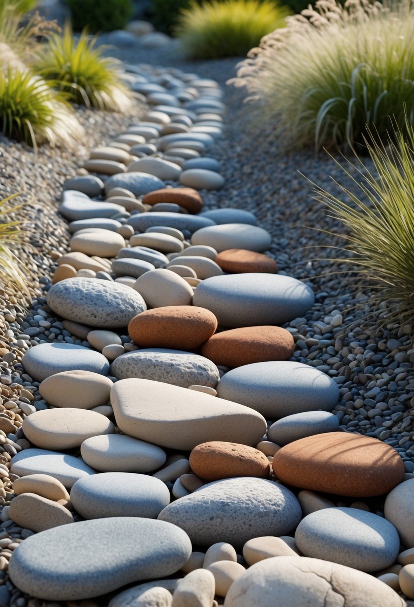 A dry creek bed with various sizes and colors of stones arranged naturally among green plants.