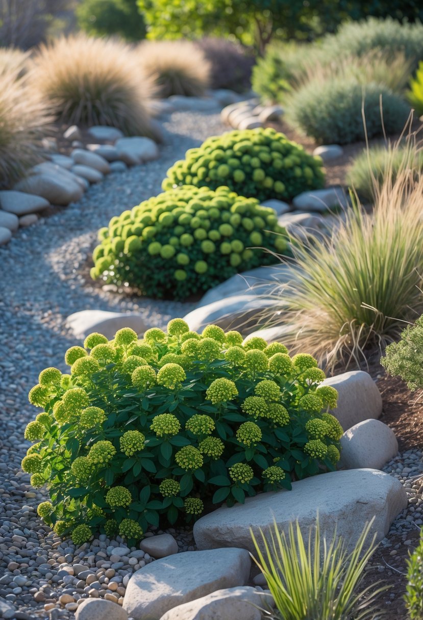 A dry creek bed with river rocks and green buttonbush plants growing in wetter areas surrounded by other native plants.