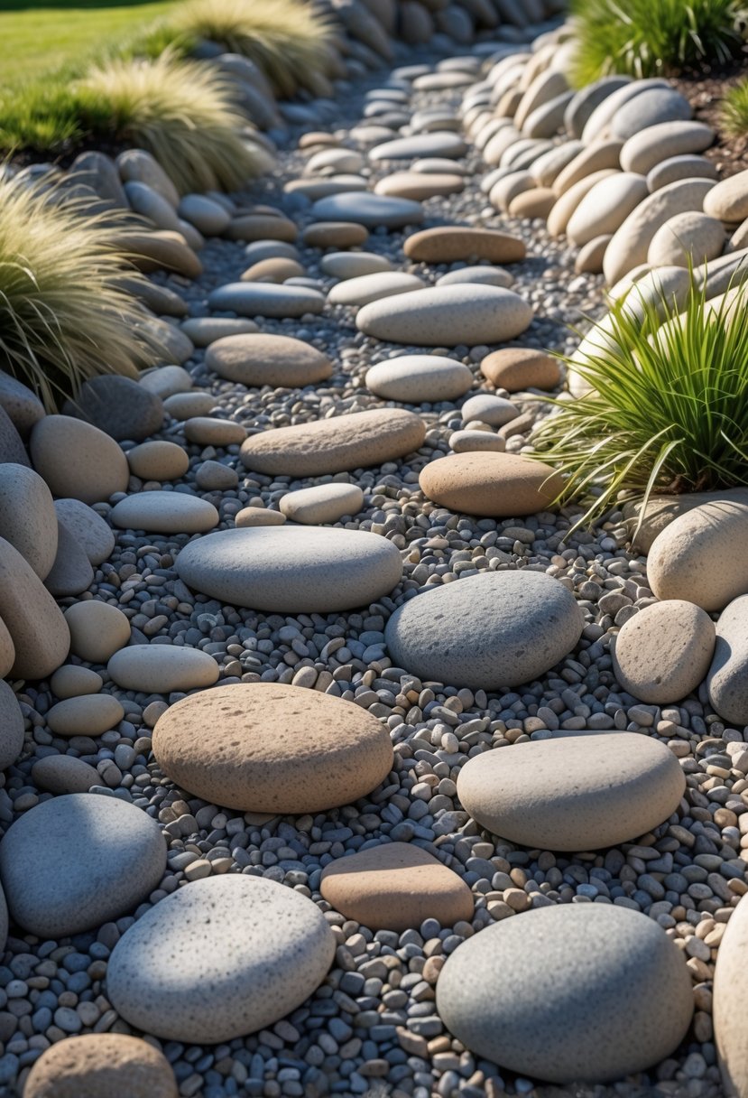 A dry creek bed with smaller pebbles layered over larger stones surrounded by grass and plants.