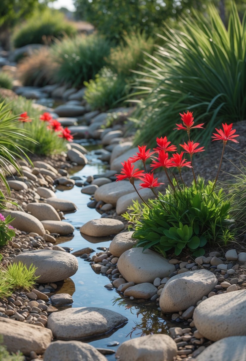 A dry creek bed with river rocks and bright red cardinal flowers surrounded by green plants.