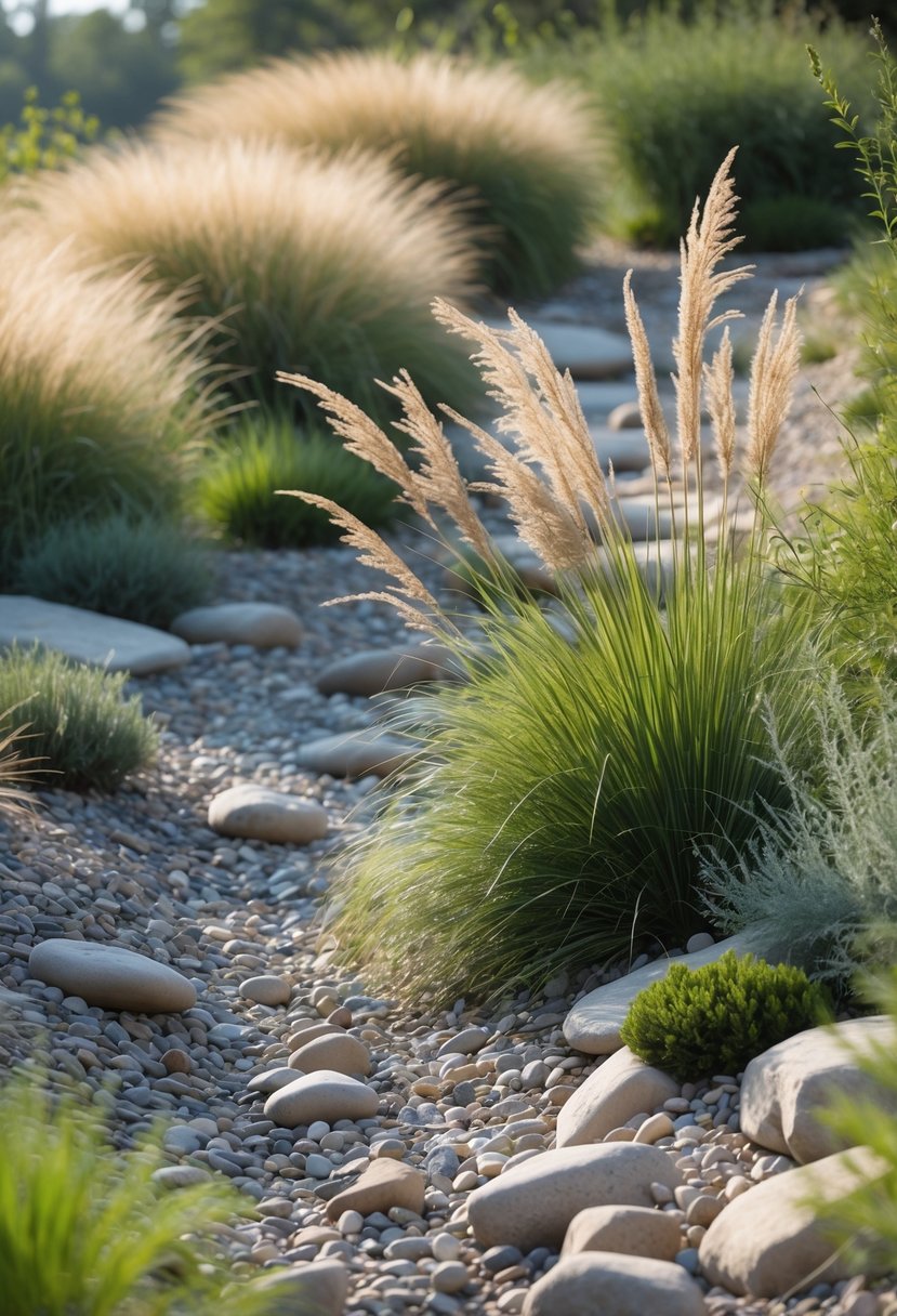 A dry creek bed landscape with ornamental grasses swaying among rocks and plants in a natural outdoor garden.