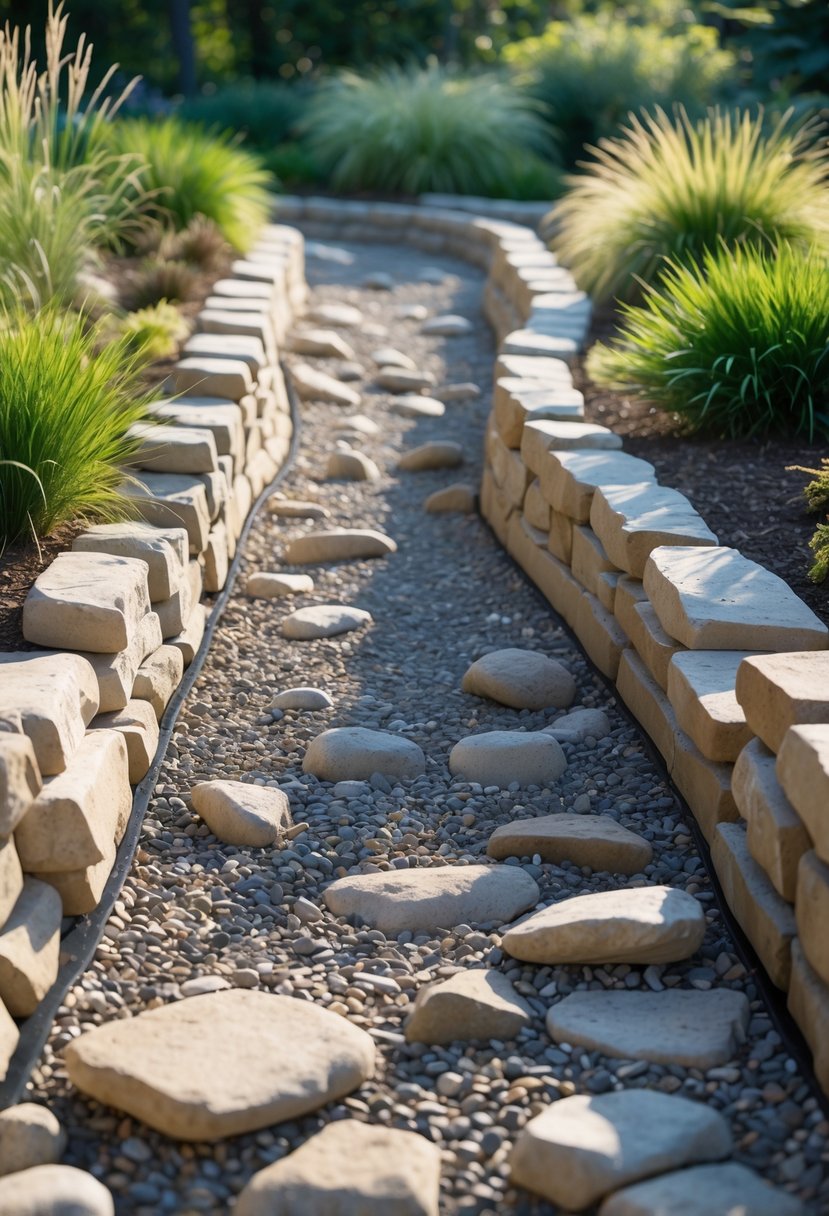 A dry creek bed bordered by low stone retaining walls with river rocks and surrounding green plants.