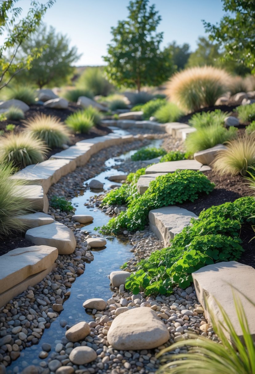A dry creek bed with river rocks bordered by green vines and ground cover plants draping over the edges, surrounded by shrubs and grasses.