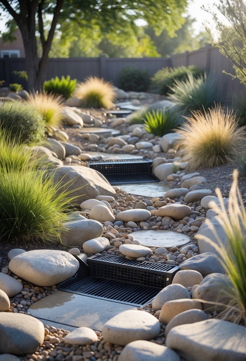 A landscaped dry creek bed with natural stones and plants designed for drainage in a garden.