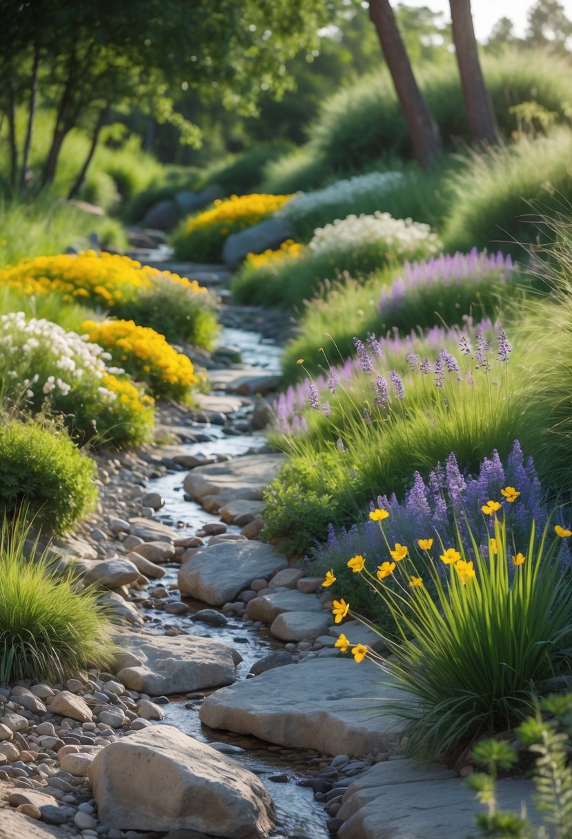 A dry creek bed surrounded by colorful wildflowers, grasses, and shrubs under soft sunlight.