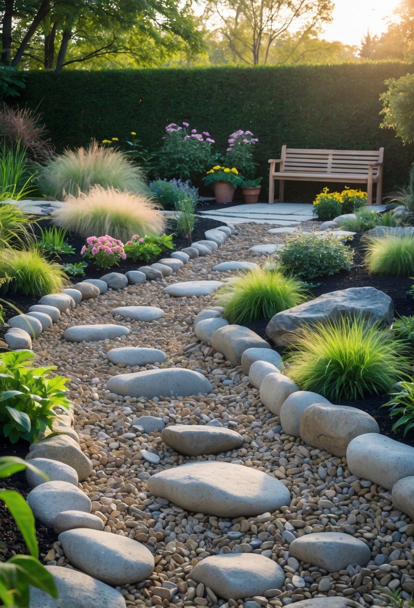A garden with different zones connected by dry creek beds made of rocks and pebbles, surrounded by plants and flowers.