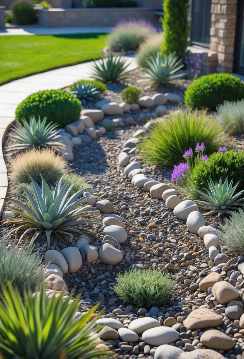A dry creek bed garden with drought-tolerant plants and smooth river rocks in a sunny residential yard.