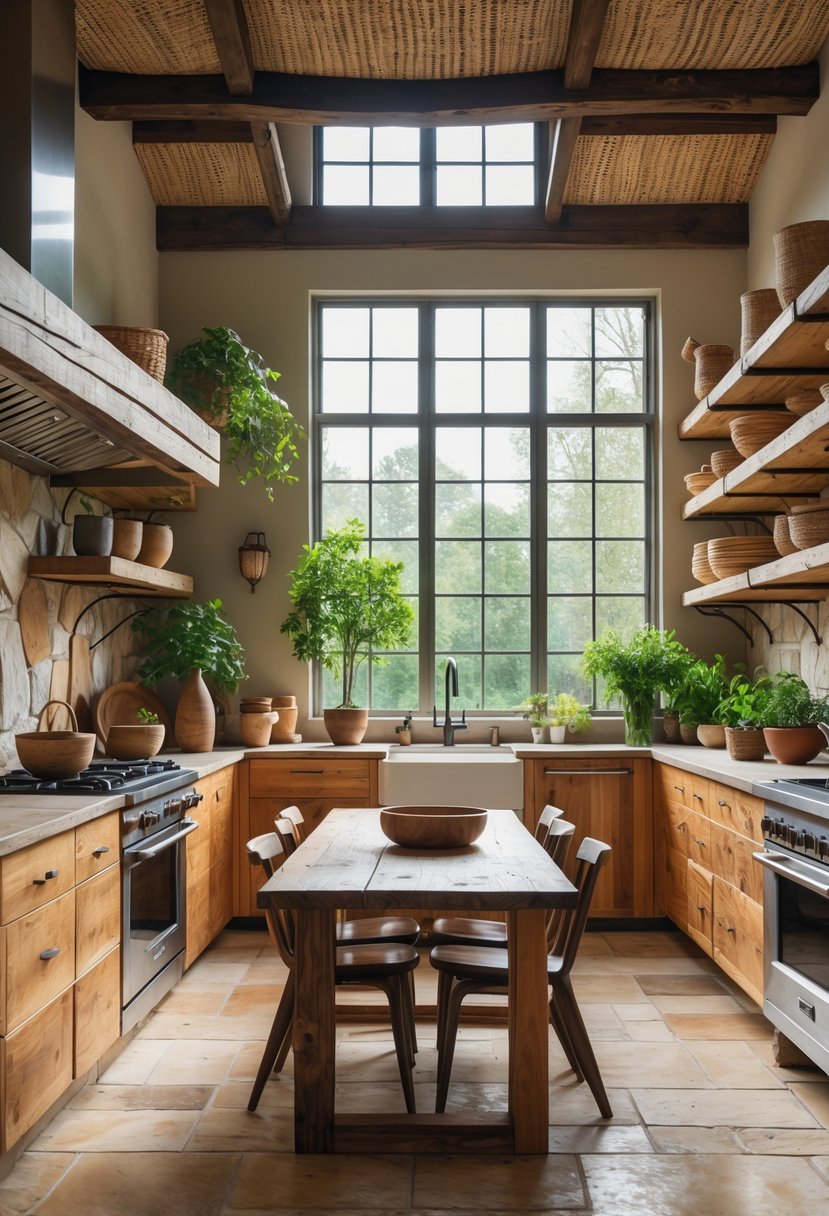 Eclectic Kitchen Design With Natural Textures: 22 Inspiring Ideas for a Stylish Space 2 A kitchen interior with wooden cabinets, stone countertops, open shelves, plants, and a wooden dining table with chairs.