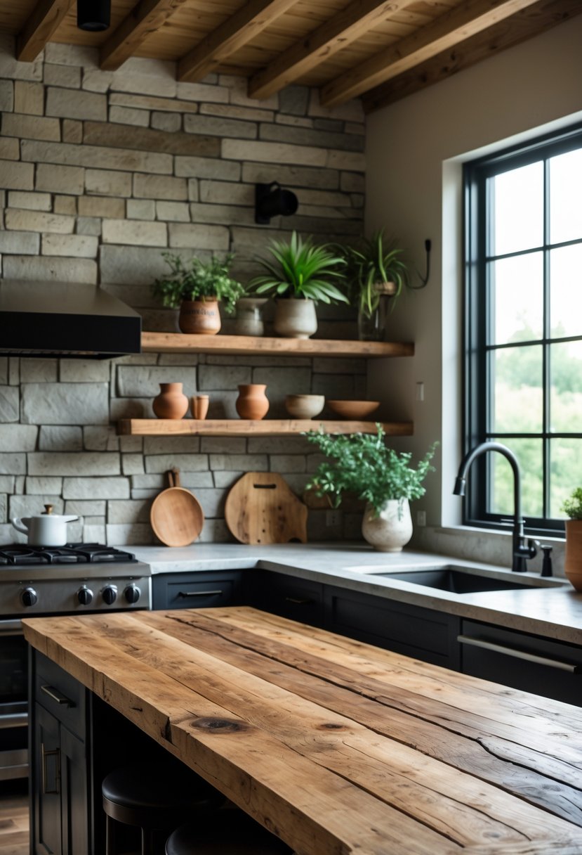 Eclectic Kitchen Design With Natural Textures: 22 Inspiring Ideas for a Stylish Space 3 A kitchen with reclaimed wood countertops, stone backsplash, open shelves with plants and pottery, and black fixtures under natural lighting.
