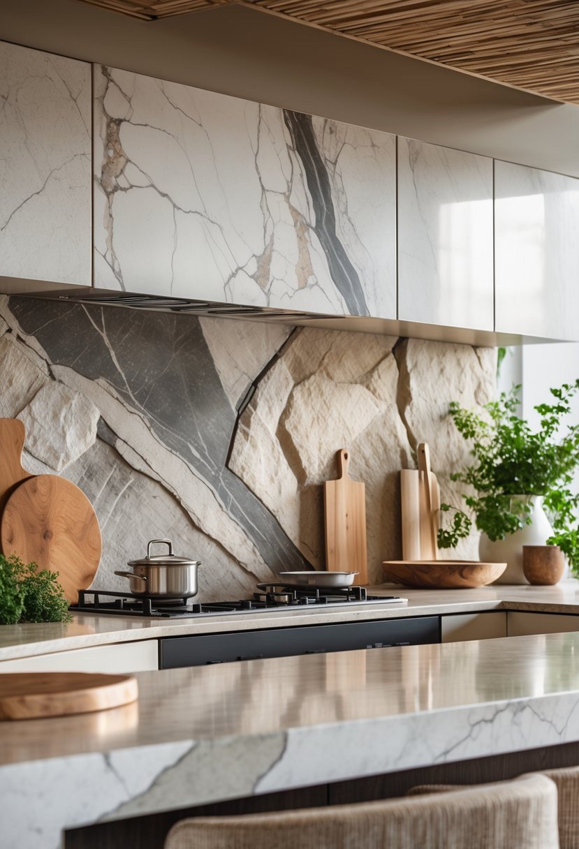 Eclectic Kitchen Design With Natural Textures: 22 Inspiring Ideas for a Stylish Space 4 A modern kitchen with a natural stone backsplash, wooden countertops, and stainless steel appliances.