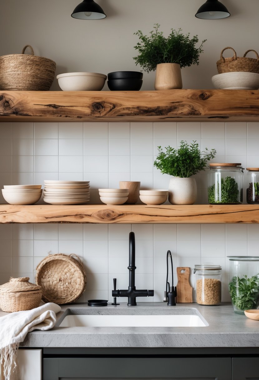 Eclectic Kitchen Design With Natural Textures: 22 Inspiring Ideas for a Stylish Space 6 A kitchen with open wooden shelves holding dishes and plants, stone countertops, and natural light.