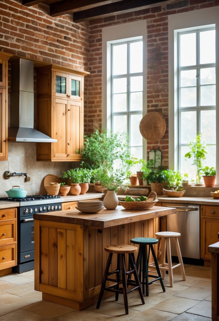 Eclectic Kitchen Design With Natural Textures: 22 Inspiring Ideas for a Stylish Space 8 A bright kitchen with brick walls, wooden cabinets, a wooden island, and plants on the countertop.