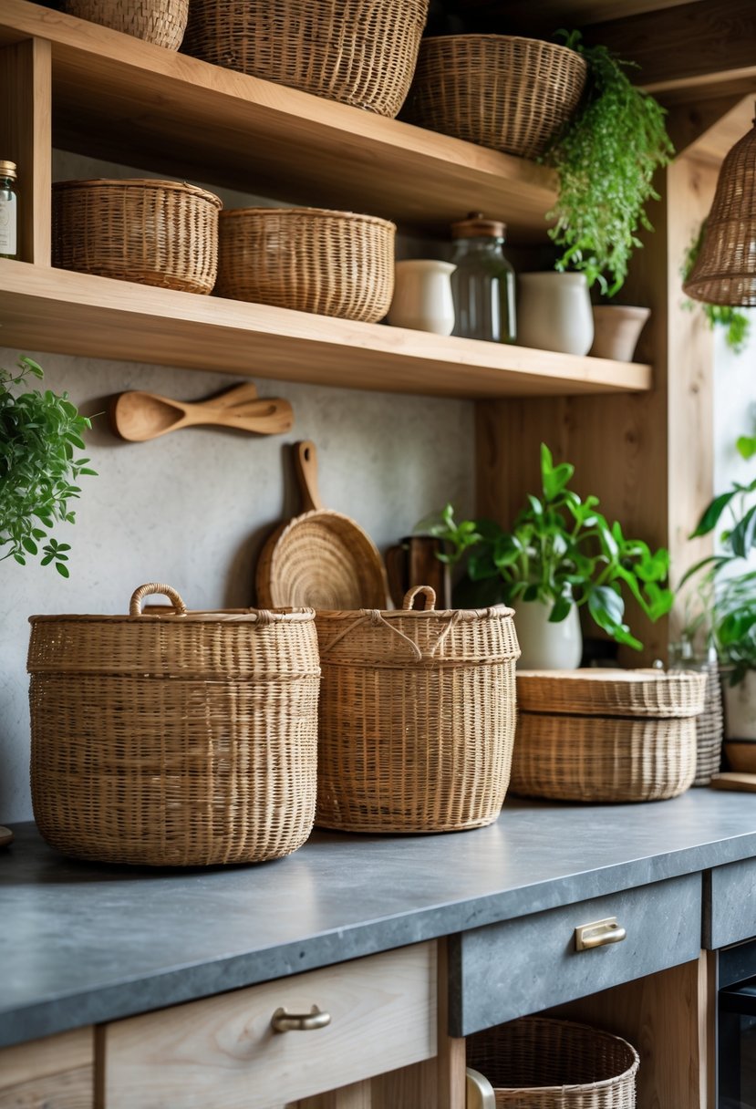 Eclectic Kitchen Design With Natural Textures: 22 Inspiring Ideas for a Stylish Space 9 A kitchen with woven rattan baskets arranged on shelves and countertops, surrounded by wooden cabinets, plants, and kitchen accessories.