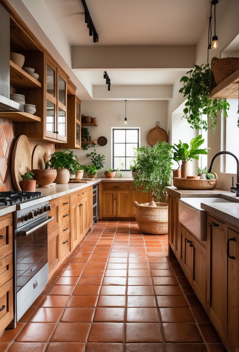 Eclectic Kitchen Design With Natural Textures: 22 Inspiring Ideas for a Stylish Space 11 A kitchen with terracotta floor tiles, wooden cabinets, stone countertops, plants, and natural light.