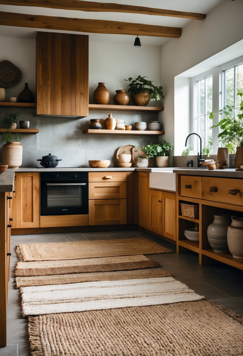 Eclectic Kitchen Design With Natural Textures: 22 Inspiring Ideas for a Stylish Space 12 A kitchen with layered wool and jute rugs on the floor, wooden cabinets, stone countertops, and plants on shelves.