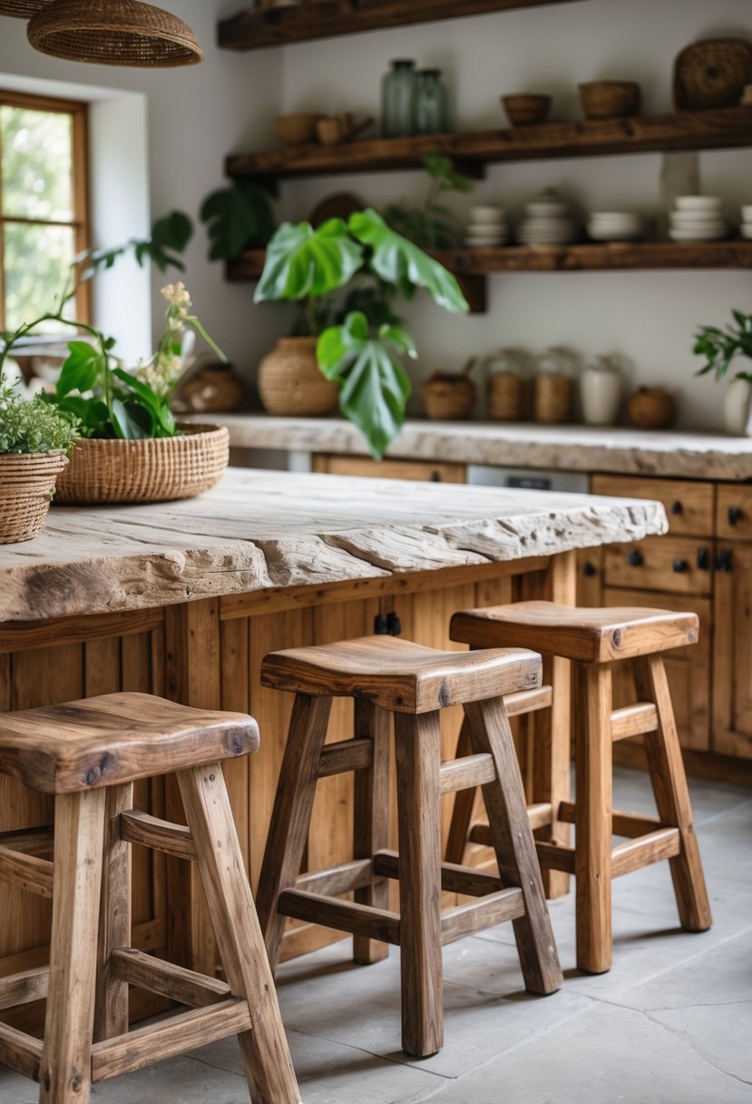 Eclectic Kitchen Design With Natural Textures: 22 Inspiring Ideas for a Stylish Space 14 A kitchen with vintage wooden stools around a wooden counter, surrounded by natural materials and plants.