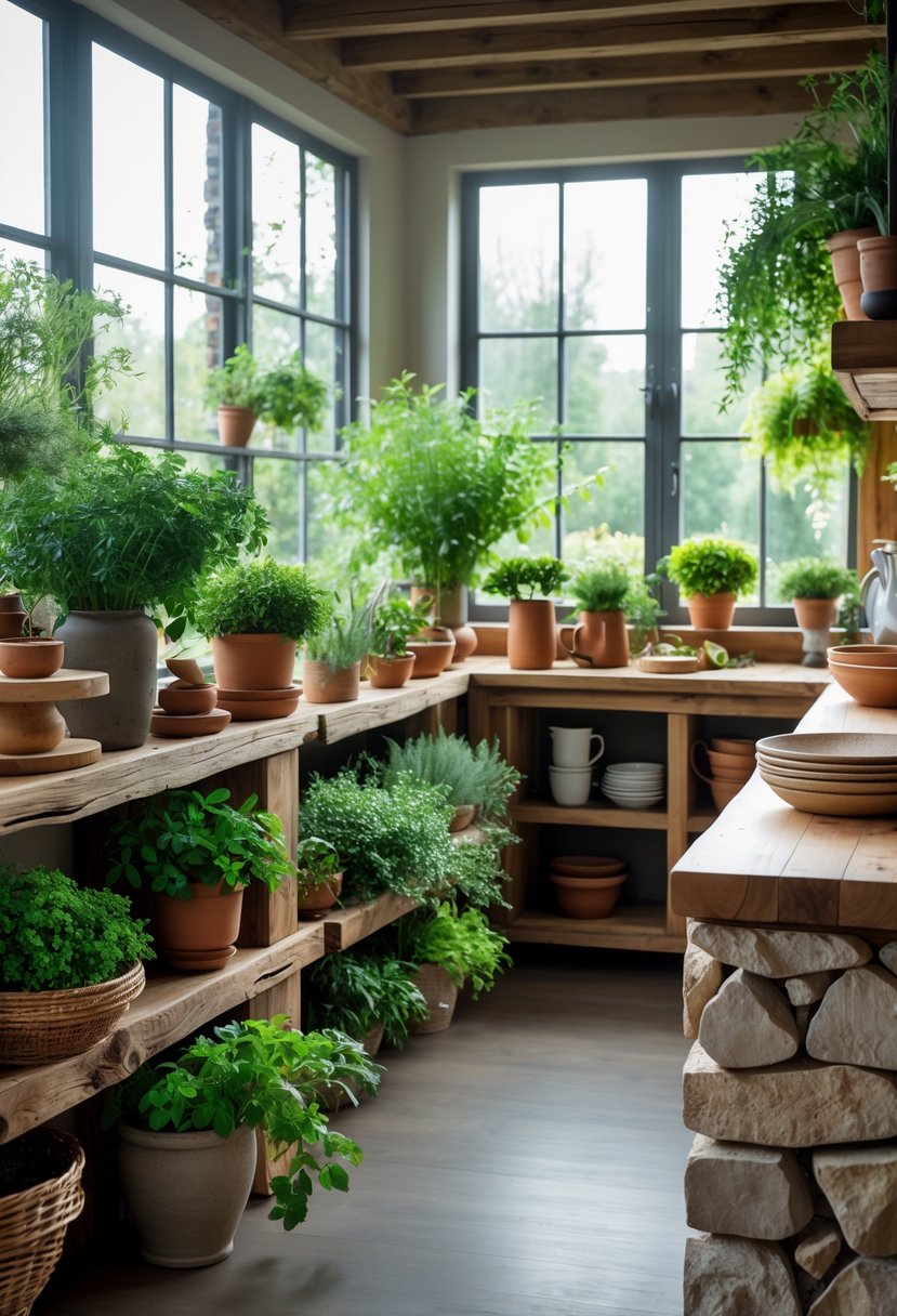 Eclectic Kitchen Design With Natural Textures: 22 Inspiring Ideas for a Stylish Space 15 A kitchen with potted herbs and greenery on wooden shelves and a rustic island, featuring natural wood and stone textures.