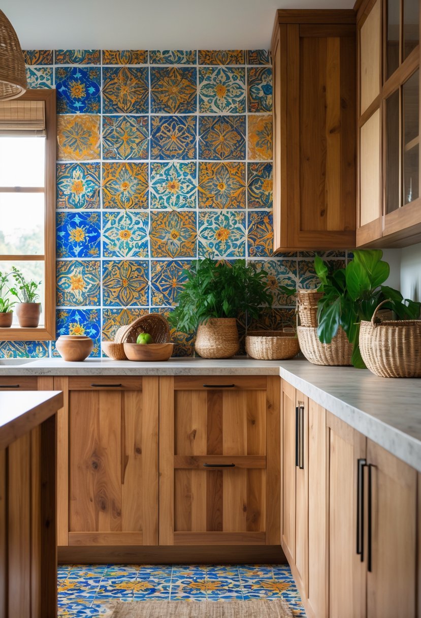 Eclectic Kitchen Design With Natural Textures: 22 Inspiring Ideas for a Stylish Space 16 A kitchen interior with colorful patterned ceramic tile backsplash, wooden cabinets, stone countertops, and green plants.