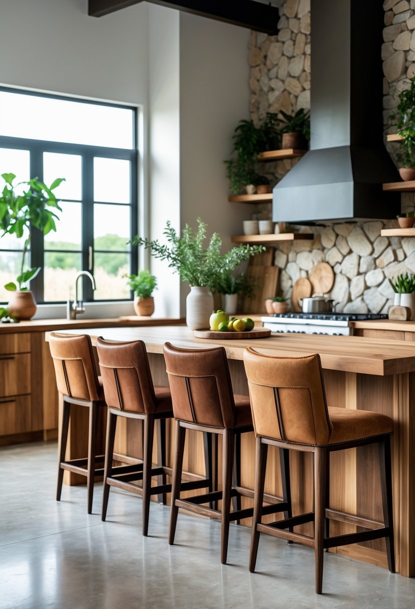 Eclectic Kitchen Design With Natural Textures: 22 Inspiring Ideas for a Stylish Space 17 A kitchen interior with leather and suede bar stools around a kitchen island, natural light, and plants.