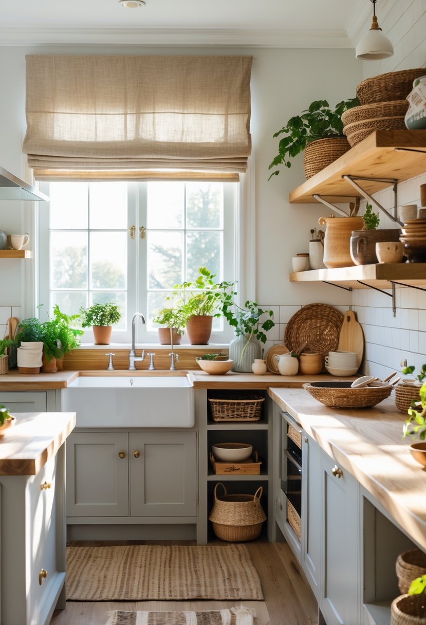 Eclectic Kitchen Design With Natural Textures: 22 Inspiring Ideas for a Stylish Space 18 Bright kitchen with natural fabric window coverings, wooden countertops, shelves with kitchenware and plants.