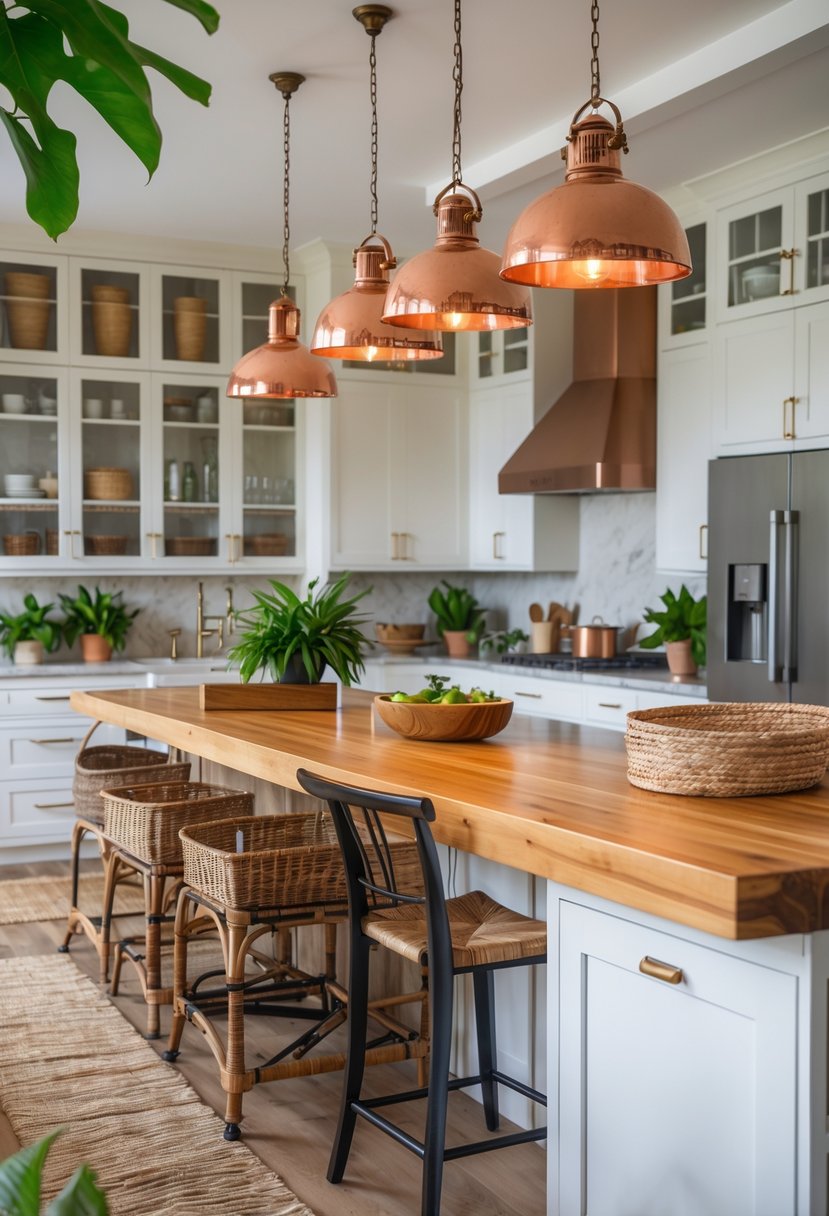 Eclectic Kitchen Design With Natural Textures: 22 Inspiring Ideas for a Stylish Space 19 Bright kitchen with copper and bronze light fixtures, wooden countertops, stone accents, and green plants.