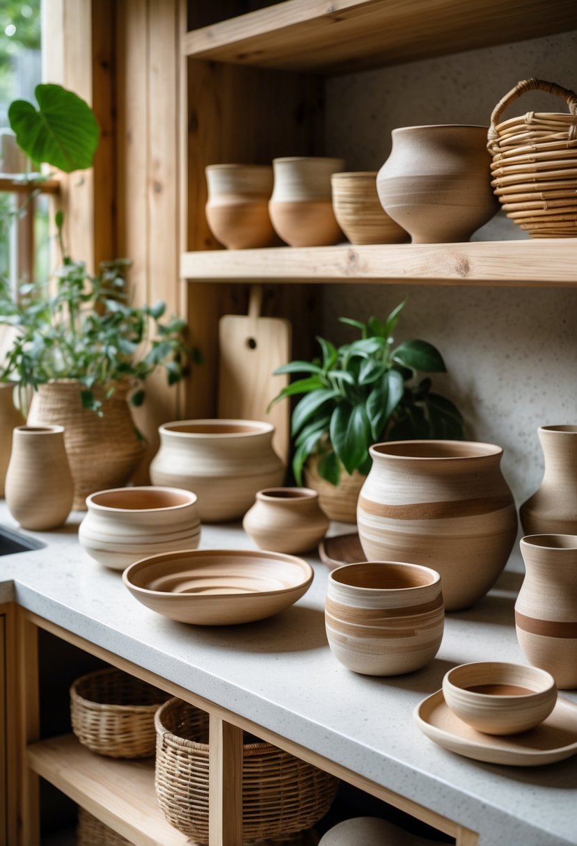Eclectic Kitchen Design With Natural Textures: 22 Inspiring Ideas for a Stylish Space 20 A kitchen countertop and shelves displaying handmade pottery and ceramics with natural textures surrounded by plants and wooden surfaces.