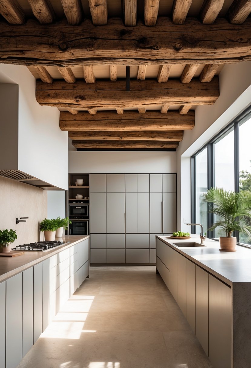 Eclectic Kitchen Design With Natural Textures: 22 Inspiring Ideas for a Stylish Space 21 A kitchen interior with exposed wooden beams on the ceiling and modern cabinets below, illuminated by natural light.