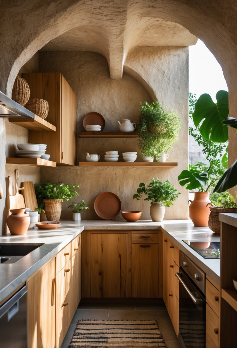 Eclectic Kitchen Design With Natural Textures: 22 Inspiring Ideas for a Stylish Space 22 A bright kitchen with textured plaster walls, wooden cabinets, stone countertops, and plants on open shelves.