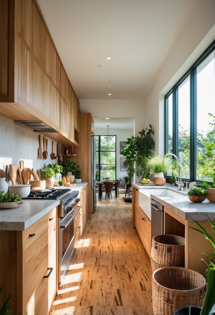 Eclectic Kitchen Design With Natural Textures: 22 Inspiring Ideas for a Stylish Space 23 A bright kitchen with bamboo or cork flooring, wooden cabinets, stone countertops, and potted plants on the windowsill.