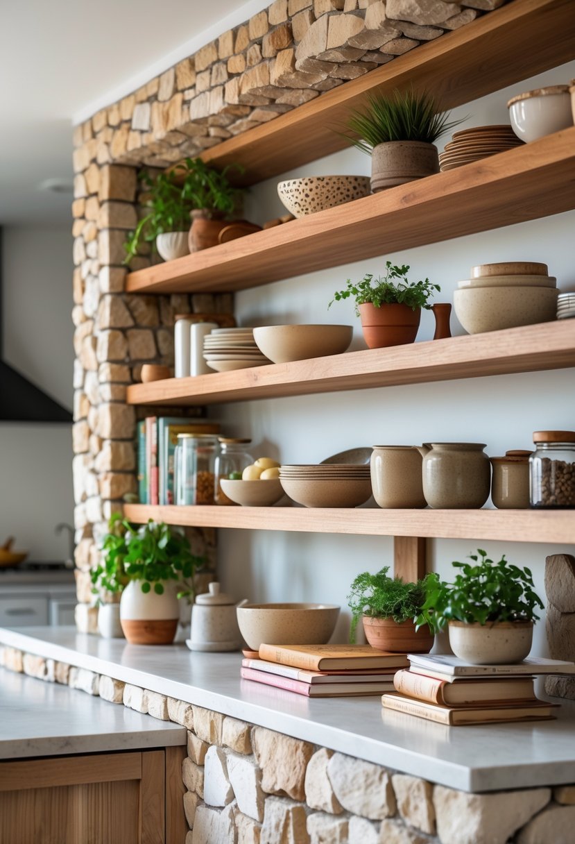 Eclectic Kitchen Design With Natural Textures: 22 Inspiring Ideas for a Stylish Space 24 A kitchen with open shelves made of stone and wood holding dishes, plants, and kitchen items.