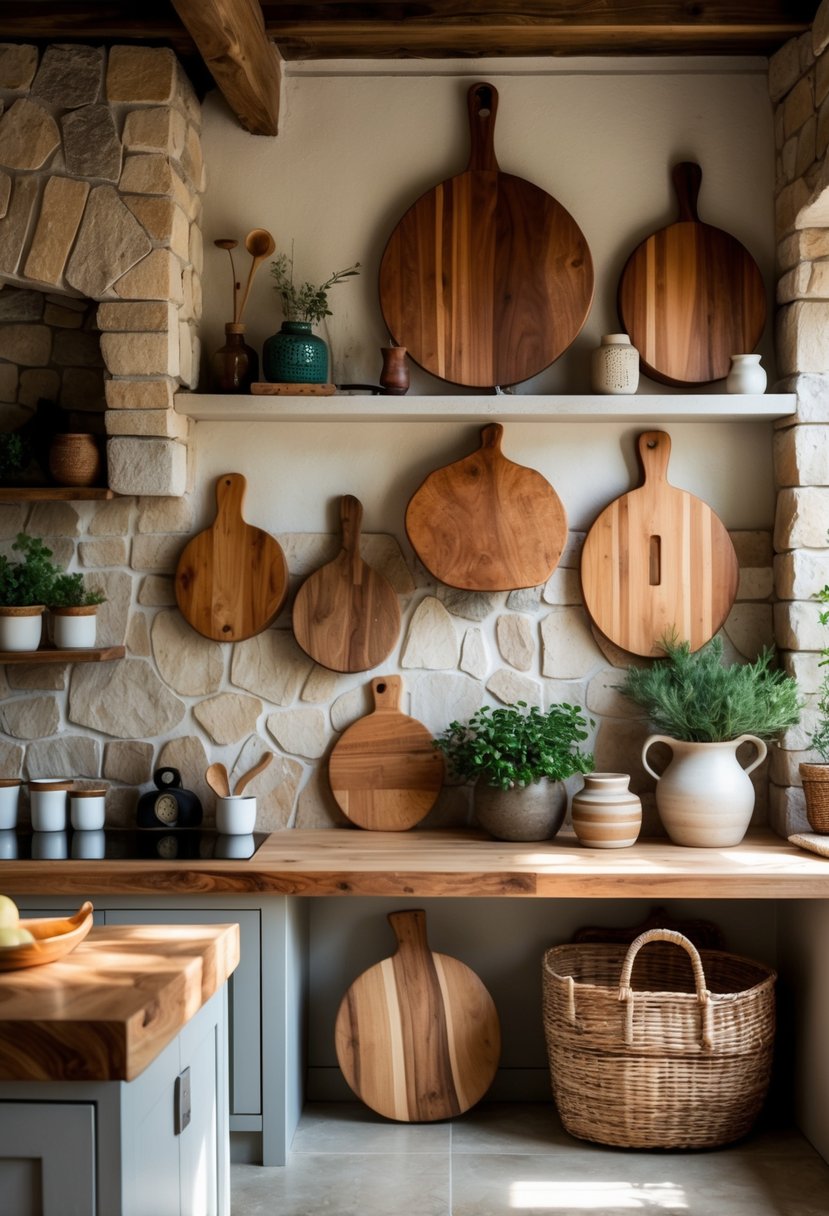 Eclectic Kitchen Design With Natural Textures: 22 Inspiring Ideas for a Stylish Space 25 A kitchen interior with handcrafted wooden cutting boards displayed as decor among natural materials like wood and stone.