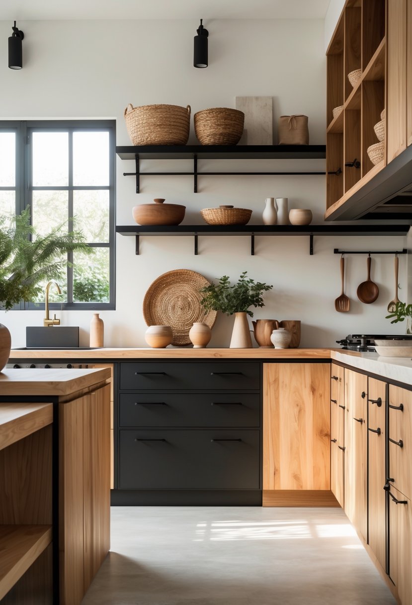 Eclectic Kitchen Design With Natural Textures: 22 Inspiring Ideas for a Stylish Space 26 A kitchen with matte black handles on wooden cabinets, natural wood shelves, and various textured decor items.