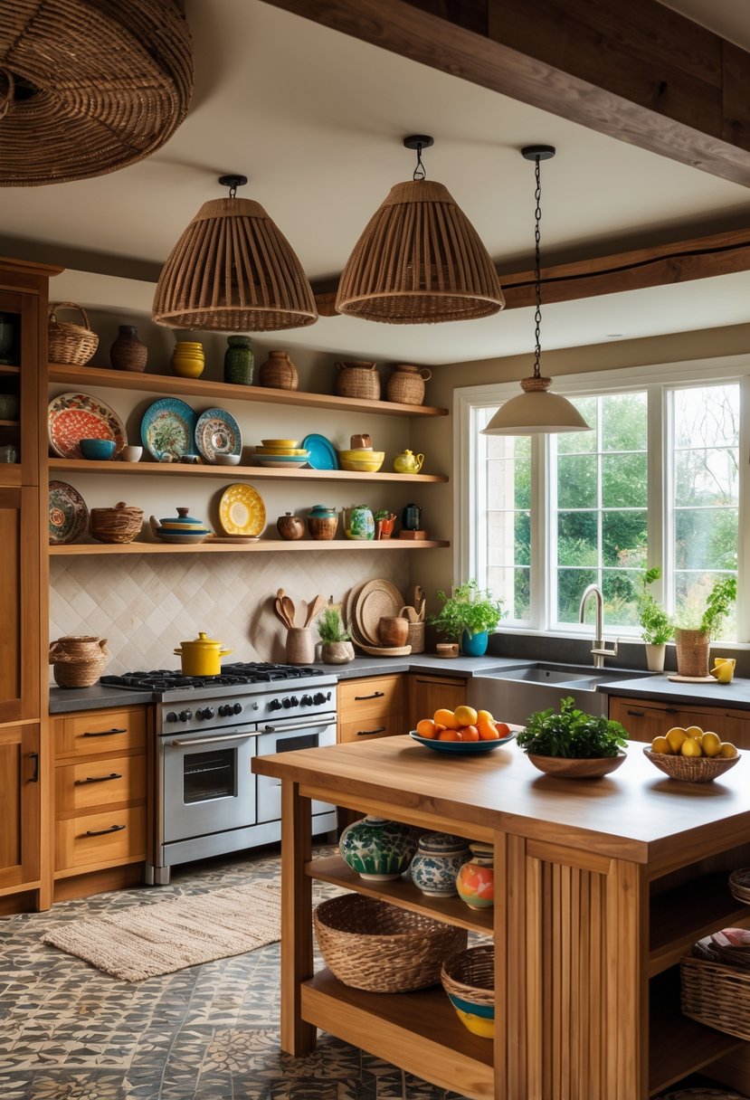 Eclectic Kitchen Design With Natural Textures: 22 Inspiring Ideas for a Stylish Space 27 A bright kitchen with wooden cabinets, stone countertops, open shelves displaying kitchenware, a wooden island with fresh herbs and fruit, and large windows letting in natural light.