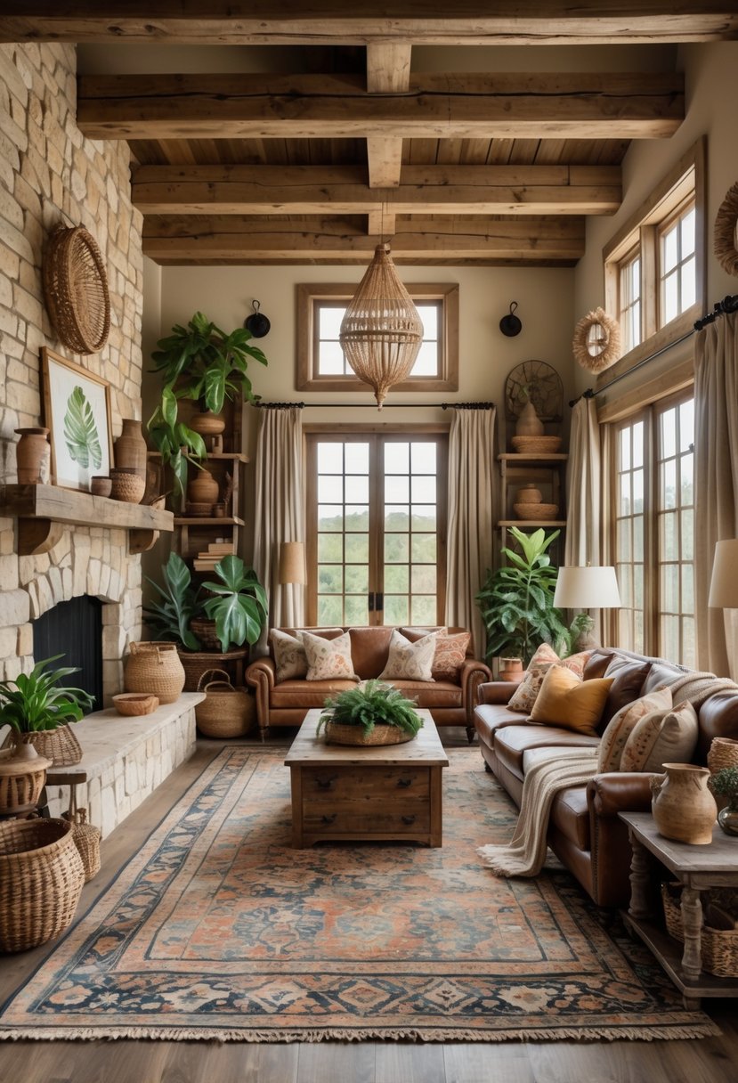 Rustic Farmhouse Maximalist Living Room Decor: 21 Inspiring Ideas for a Cozy and Collected Space 2 A cozy living room with wooden beams, a stone fireplace, patterned pillows, rugs, plants, and vintage decor.
