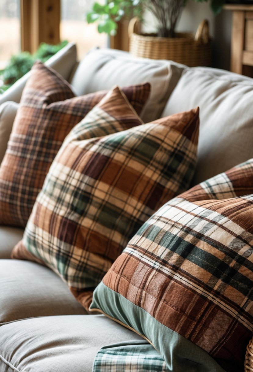 Rustic Farmhouse Maximalist Living Room Decor: 21 Inspiring Ideas for a Cozy and Collected Space 3 Close-up of layered throw pillows with plaid and floral patterns on a sofa in a cozy living room.