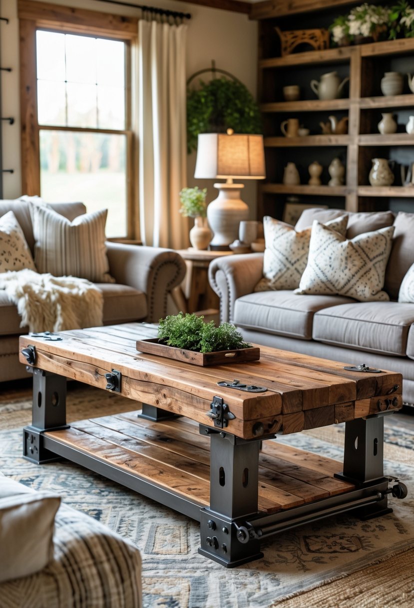 Rustic Farmhouse Maximalist Living Room Decor: 21 Inspiring Ideas for a Cozy and Collected Space 4 A living room with a wooden coffee table and metal accents surrounded by comfortable seating and decorative items.