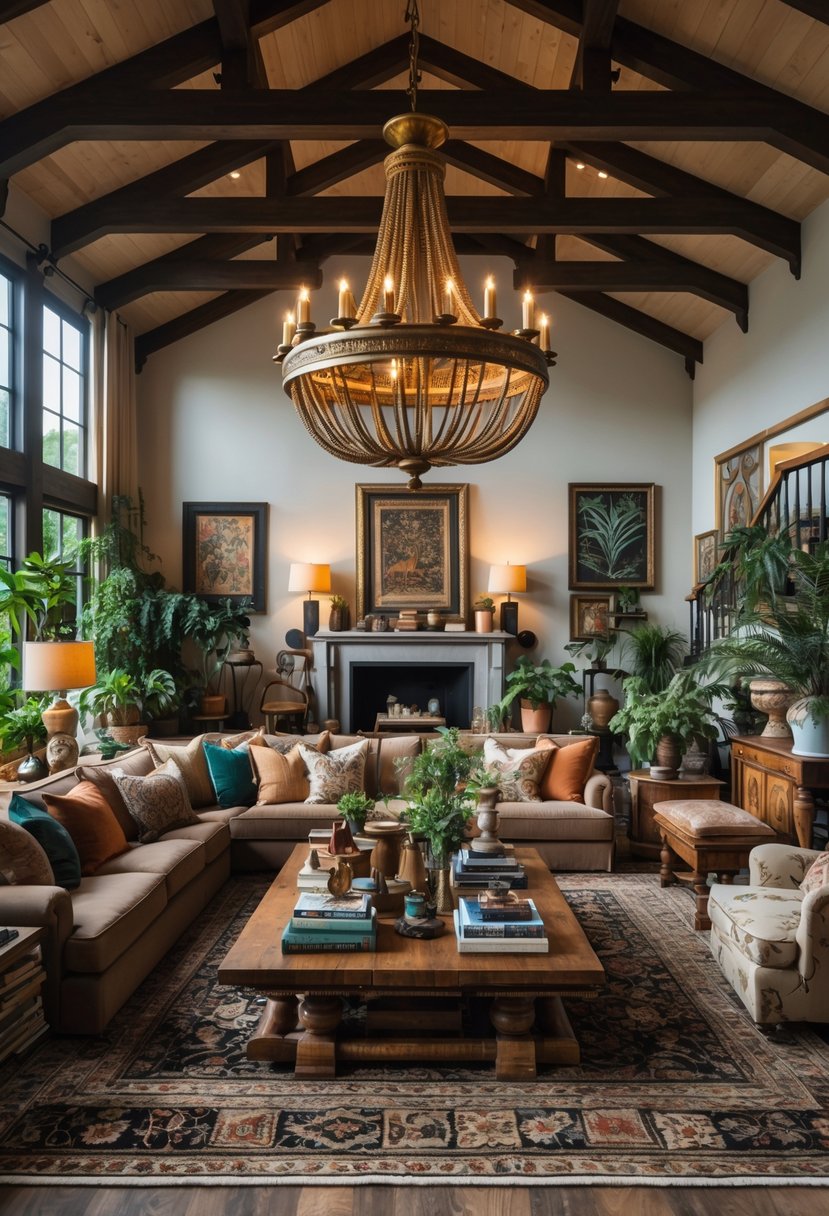 Rustic Farmhouse Maximalist Living Room Decor: 21 Inspiring Ideas for a Cozy and Collected Space 5 A living room with a large brass chandelier hanging from the ceiling, a sofa, coffee table, plants, and various decorative items.