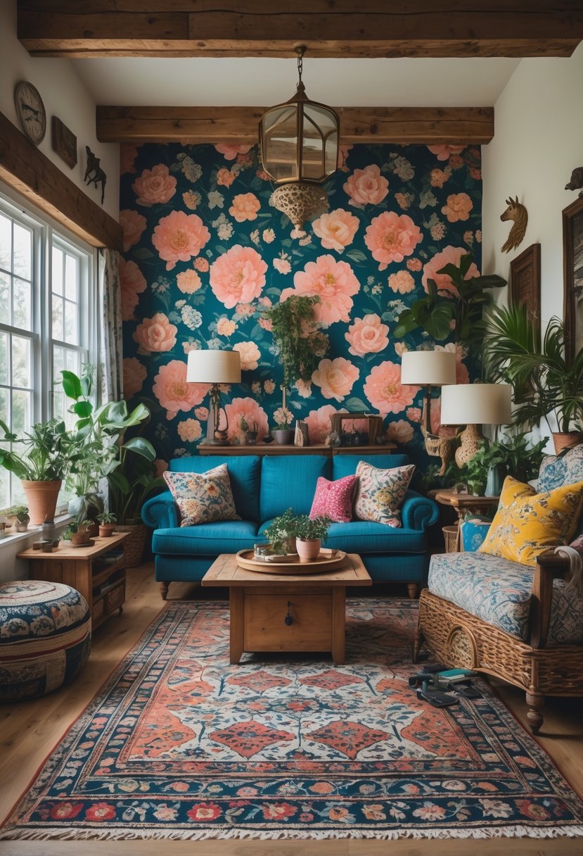 Rustic Farmhouse Maximalist Living Room Decor: 21 Inspiring Ideas for a Cozy and Collected Space 6 A living room with a bold floral accent wall, wooden beams, a sofa with cushions, a wooden coffee table, plants, and warm natural light.