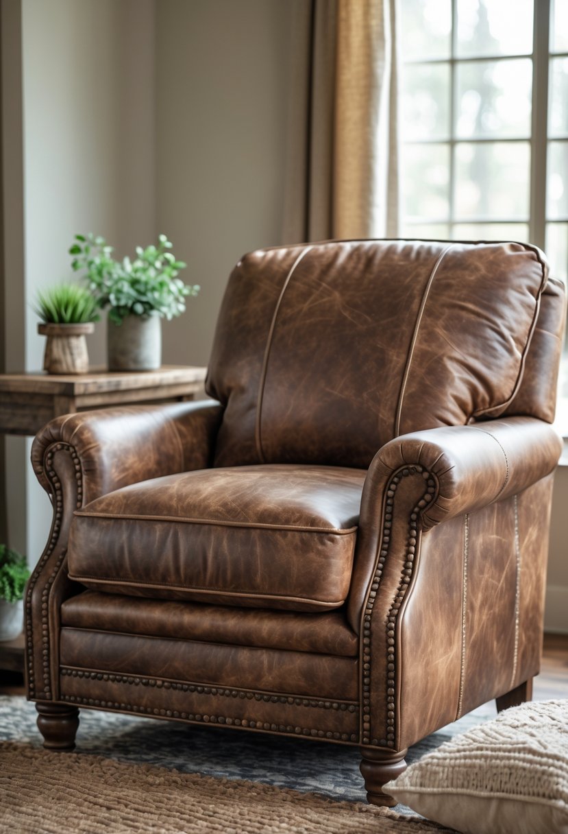 Rustic Farmhouse Maximalist Living Room Decor: 21 Inspiring Ideas for a Cozy and Collected Space 7 A distressed brown leather armchair with nailhead trim in a cozy living room with wooden furniture and soft lighting.
