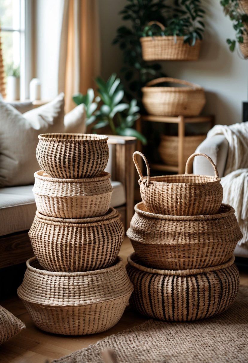 Rustic Farmhouse Maximalist Living Room Decor: 21 Inspiring Ideas for a Cozy and Collected Space 8 Stacked woven baskets arranged in a living room with wooden furniture and plants.