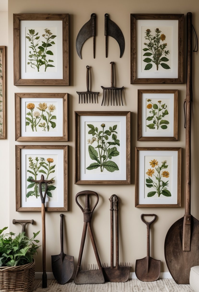 Rustic Farmhouse Maximalist Living Room Decor: 21 Inspiring Ideas for a Cozy and Collected Space 9 A wall decorated with antique farm tools and framed botanical prints arranged together.