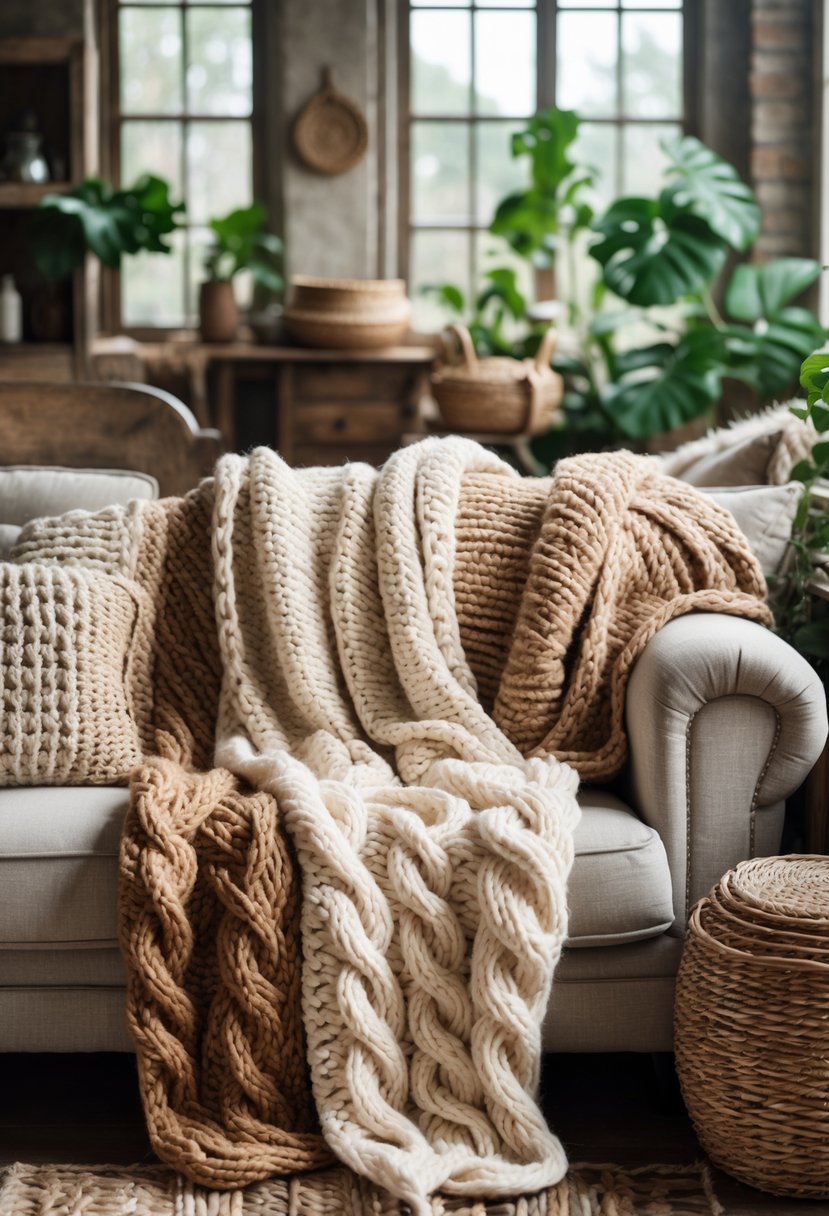 Rustic Farmhouse Maximalist Living Room Decor: 21 Inspiring Ideas for a Cozy and Collected Space 10 Chunky knit wool throw blankets in warm neutral colors draped over a sofa in a cozy living room with wooden furniture and plants.