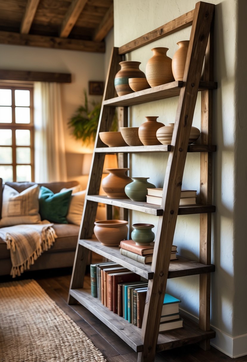 Rustic Farmhouse Maximalist Living Room Decor: 21 Inspiring Ideas for a Cozy and Collected Space 11 A wooden ladder shelf holding ceramics and books in a cozy living room setting.