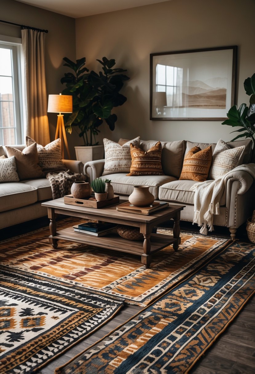 Rustic Farmhouse Maximalist Living Room Decor: 21 Inspiring Ideas for a Cozy and Collected Space 12 A living room with layered patterned rugs on the floor, a sofa with pillows, a wooden coffee table, and plants.