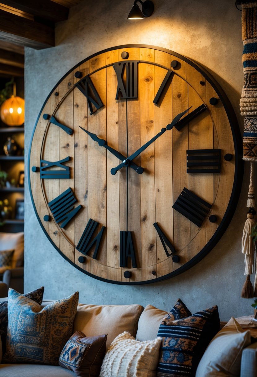 Rustic Farmhouse Maximalist Living Room Decor: 21 Inspiring Ideas for a Cozy and Collected Space 13 A large wall clock with a weathered wooden face hanging in a cozy living room filled with cushions and decorative objects.