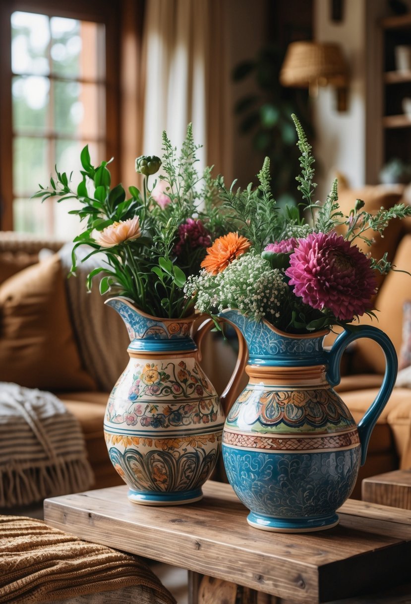 Rustic Farmhouse Maximalist Living Room Decor: 21 Inspiring Ideas for a Cozy and Collected Space 14 Hand-painted ceramic pitchers holding flowers arranged on a wooden surface in a cozy living room.