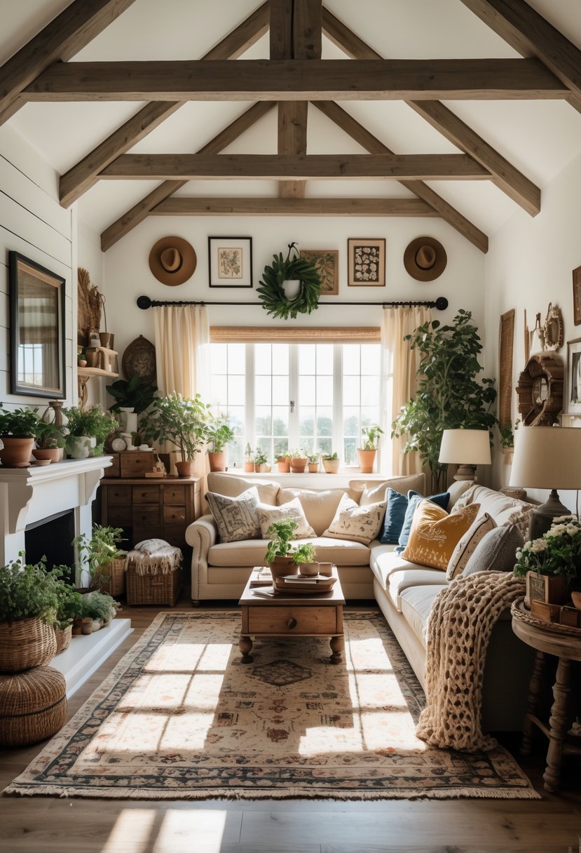 Rustic Farmhouse Maximalist Living Room Decor: 21 Inspiring Ideas for a Cozy and Collected Space 15 A cozy living room with white painted exposed ceiling beams, wooden furniture, patterned pillows, and plants.